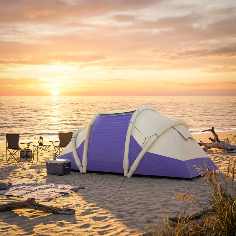 Outsunny Inflatable Tent 2 Bedroom Tunnel Design Windproof Air Tent with Carry Bag for 4 Person