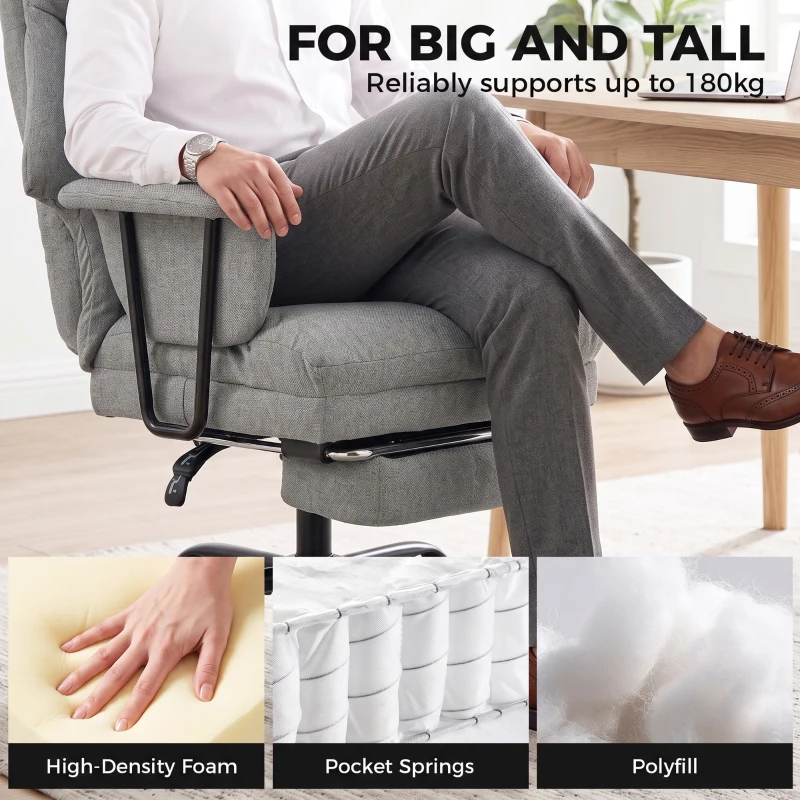 HOMCOM Office Chair, 180kg Heavy Duty Linen Computer Desk Chair with Lumbar Support, Wide Seat, Spring Cushion, Grey