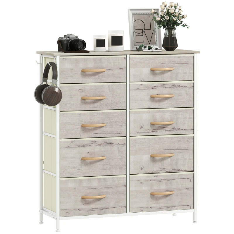 HOMCOM Chest of Ten Fabric Drawers - Natural Wood Finish