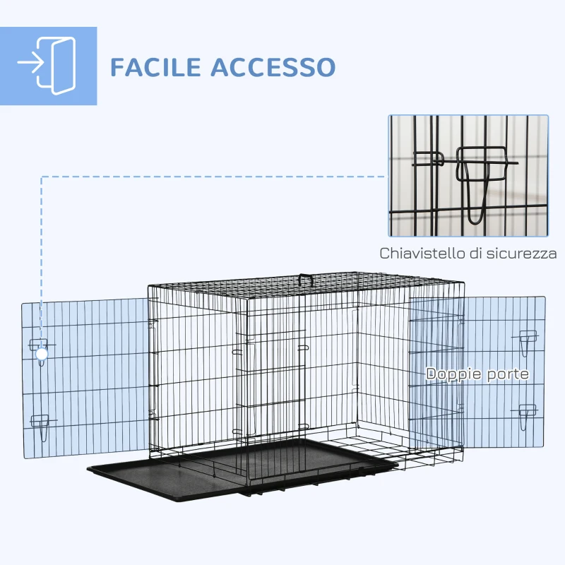 PawHut Gabbia per Animali Domestici in Acciaio Pieghevole con Maniglia Superiore e Doppia Apertura, 121x77x82 cm