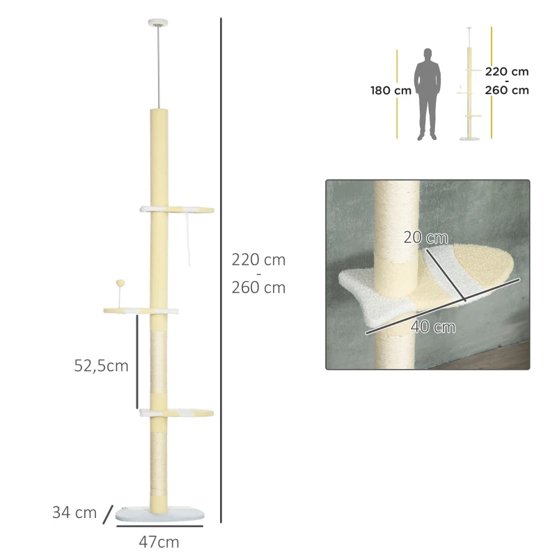 PawHut Verstelbare Krabpaal, Anti-slip, Sisaltouw Palen, 220-260H x 47L x 34B cm, Geel/Wit/Blauw