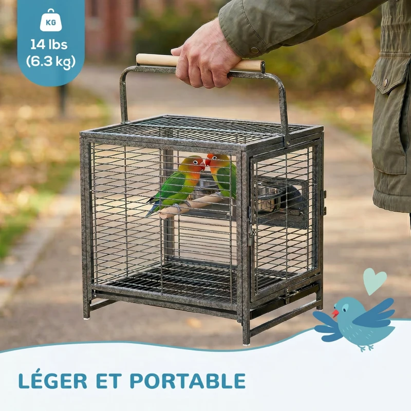 PawHut Cage de transport en acier pour perroquets, cage à oiseaux avec 2 bols en acier inoxydable, 2 perchoirs, plateau, noir