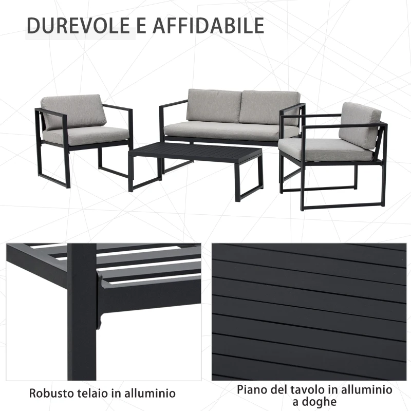 Outsunny Set Mobili da Giardino con Divano 2 Posti, 2 Poltrone e Tavolino in Alluminio con Cuscini, Grigio e Nero