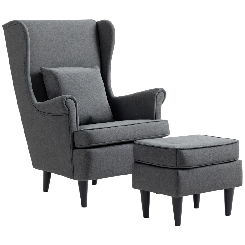 HOMCOM Sillón con Reposapiés Respaldo Alto Capitoné Patas de Madera Almohada Acolchada y Tapizado en Lino Gris