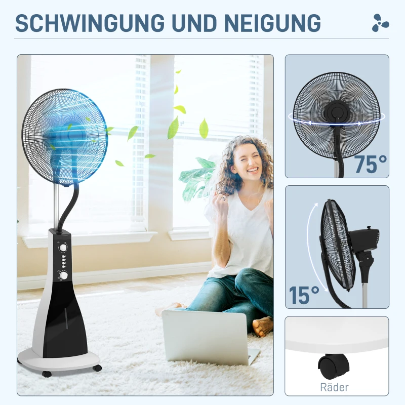 HOMCOM 2-in-1 Ventilator met Bevochtiger, 3 Snelheden, Timerfunctie, 3 L Tank, 44,5 x 38,5 x 120cm, Zwart