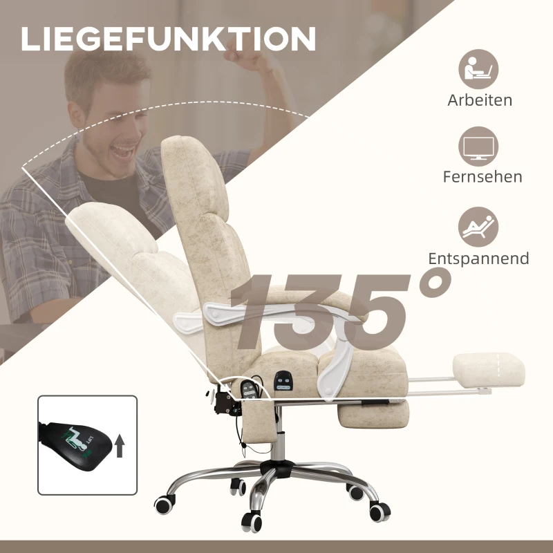 Vinsetto Bureaustoel met Massage- & Warmtefunctie, Voetsteun, Verstelbaar, tot 120kg, Beige