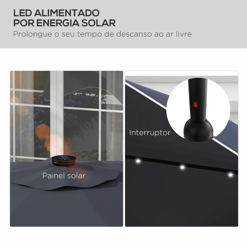 Outsunny Guarda-Sol de Jardim Manual Ø292x254 cm com 32 Luzes LED Solares 8 Varetas Impermeável e Respiros de Ventilação Cinzento