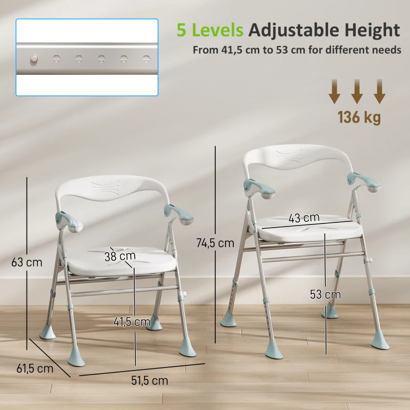 HOMCOM Sedia Doccia Pieghevole con Braccioli Ribaltabili, Sgabello Regolabile in Altezza, Senza Attrezzi, 136 kg