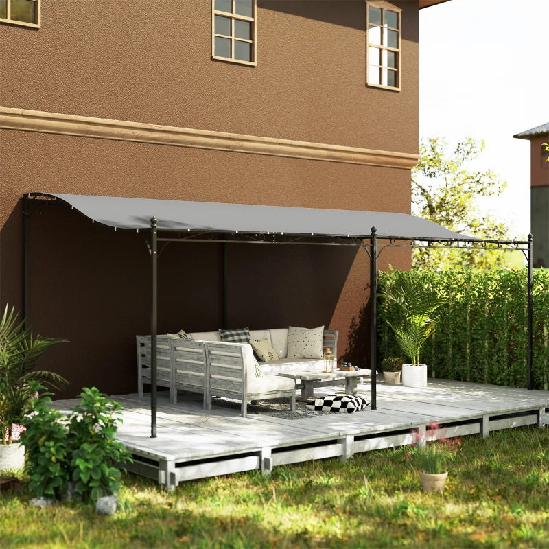 Outsunny Pérgola de Pared 3x6 m con Techo Inclinado Orificios de Drenaje y Estructura Metálica Gris Oscuro