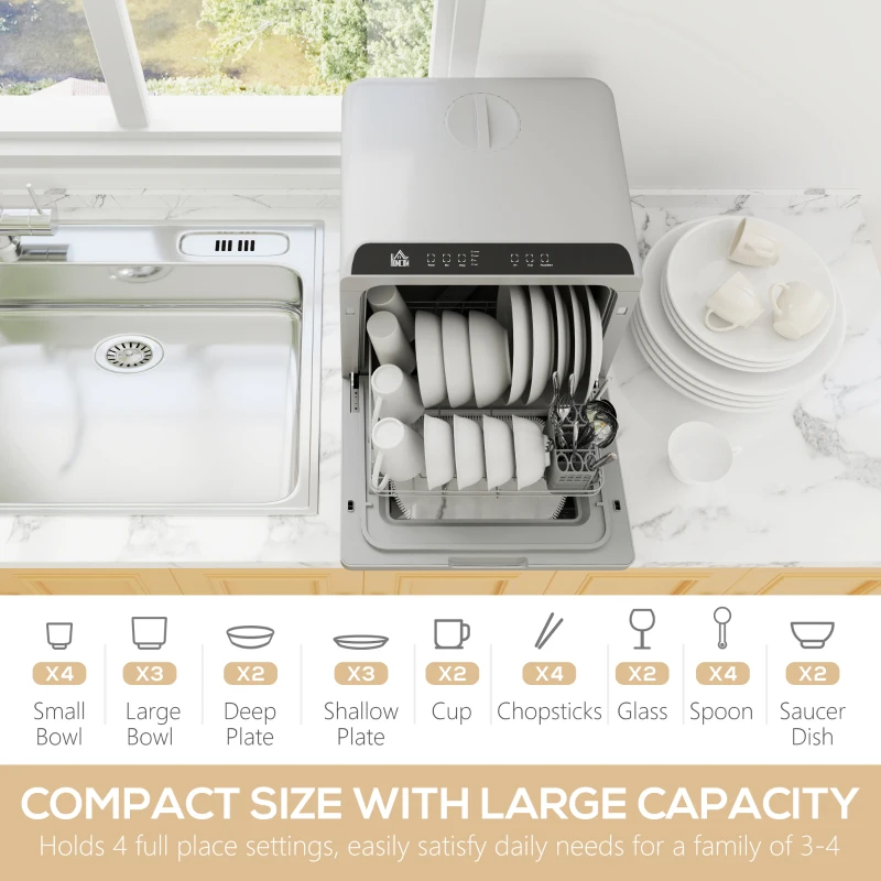 HOMCOM Table Top Dishwasher with Built-in 6L Water Tank, Mini Countertop Dishwasher with 6 Programs, 4 Place Settings, Silver Tone