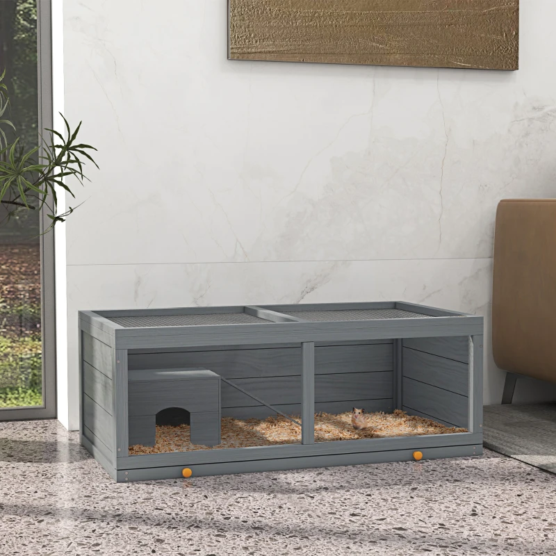 PawHut Wooden Hamster Cage with Sliding Tray, Openable Top, Hut for Syrian Hamster, Grey