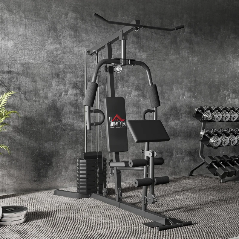 HOMCOM Krachtstation met 45 kg Gewichtsblok 180 x 108 x 200 cm Staal Zwart(m-9)