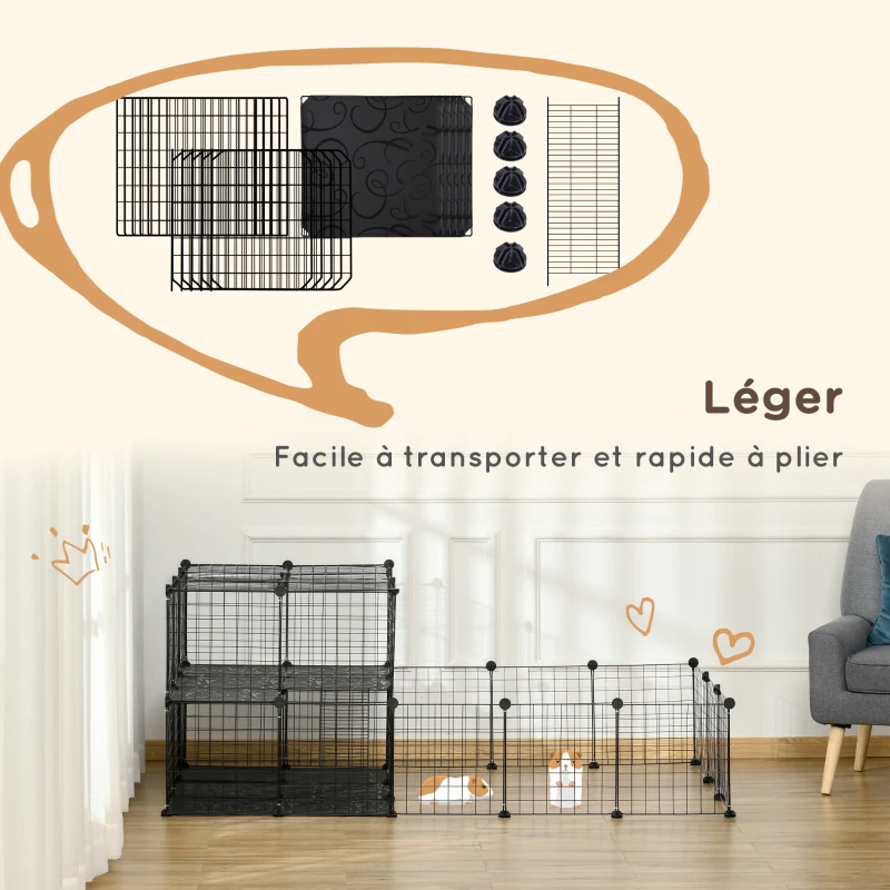 PawHut Parc enclos modulable DIY, 2 niveaux, enclos pour petits animaux, hamsters, lapins, cochon d'inde, panneaux grillagés, 45 panneaux, 175 x 105 x 70 cm, noir