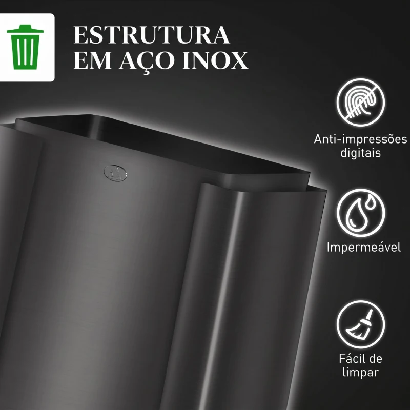 HOMCOM Papelera de Cozinha em Aço Inoxidável com 3 Compartimentos 3x15L com Pedais, Tampas de Fecho Suave e Balde Removível Preto