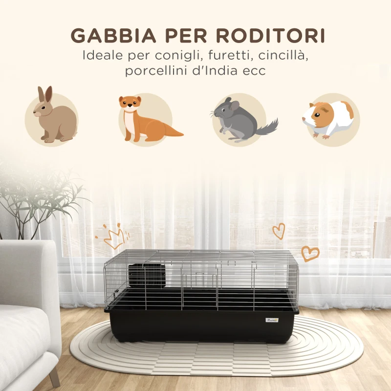 PawHut Gabbia per Conigli a 2 Porte con Vassoio Rimovibile, in Metallo e Plastica PP, 100x55x41 cm, Nero e Argento