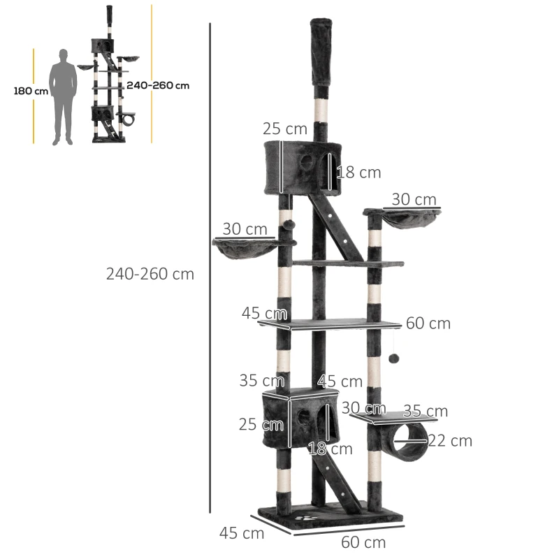 PawHut Ansamblu de Joacă pentru Pisici, montabil pe Tavan, cu Mai Multe Niveluri, Înălțime Reglabilă 240-260 cm, cu Căsuțe și Scări, Gri