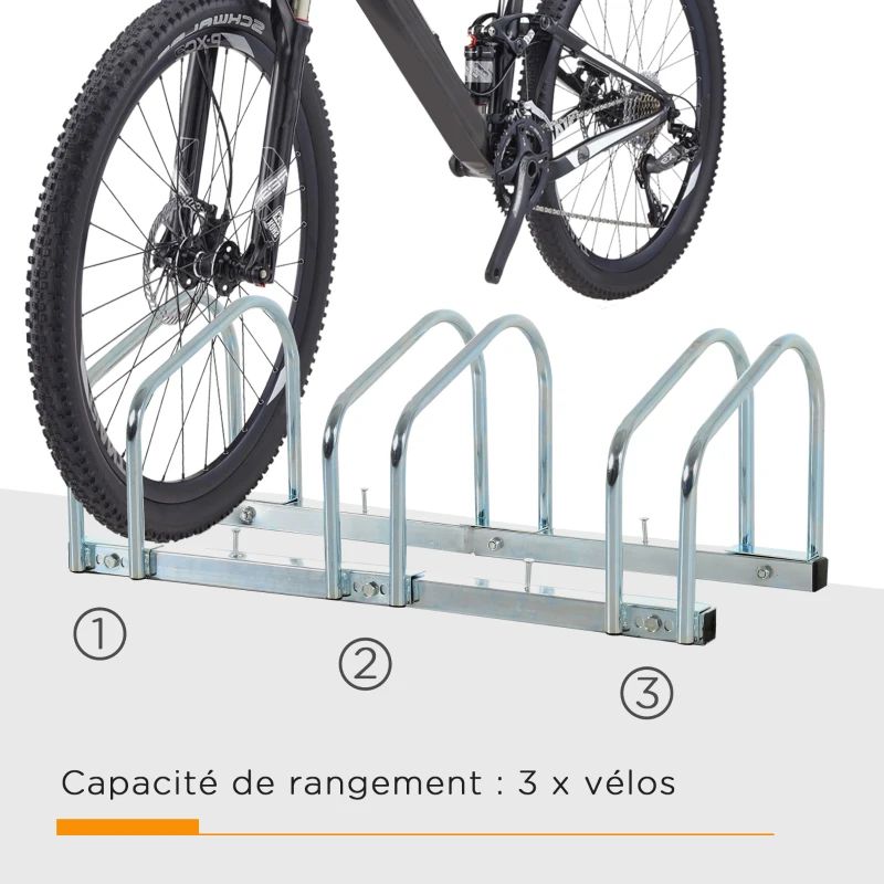 HOMCOM Râtelier 3 vélos dim. 76L x 33l x 27H cm acier argent