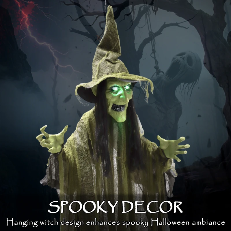 Outsunny 170 cm Life Size Hanging Halloween Animated Witch with Glowing LED Eyes, Spooky Witch Scary Halloween Decorations, Battery Operated, Indoor Party Props