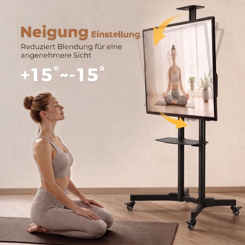 HOMCOM Mobiele tv-standaard op wielen voor 32-75 inch, kantelbaar en in hoogte verstelbaar, met vergrendelbare wielen, zwart