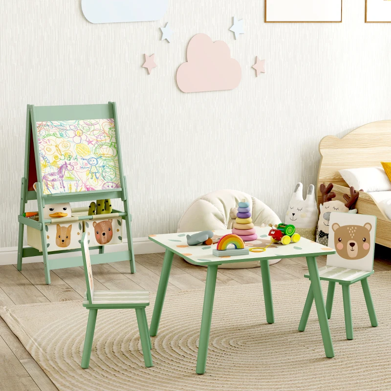 ZONEKIZ Conjunto para Crianças Inclui 1 Mesa com 2 Cadeiras Infantis e 1 Cavalete 3 em 1 com Cestos de Armazenamento Desenho de Animais Verde