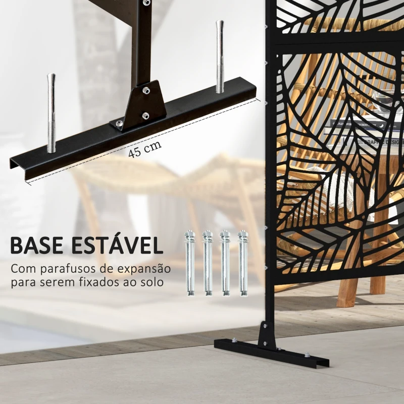 Outsunny Biombo de 3 Painéis 122x198 cm Biombo Separador de Ambientes com Suporte Design de Folhas Grandes Preto