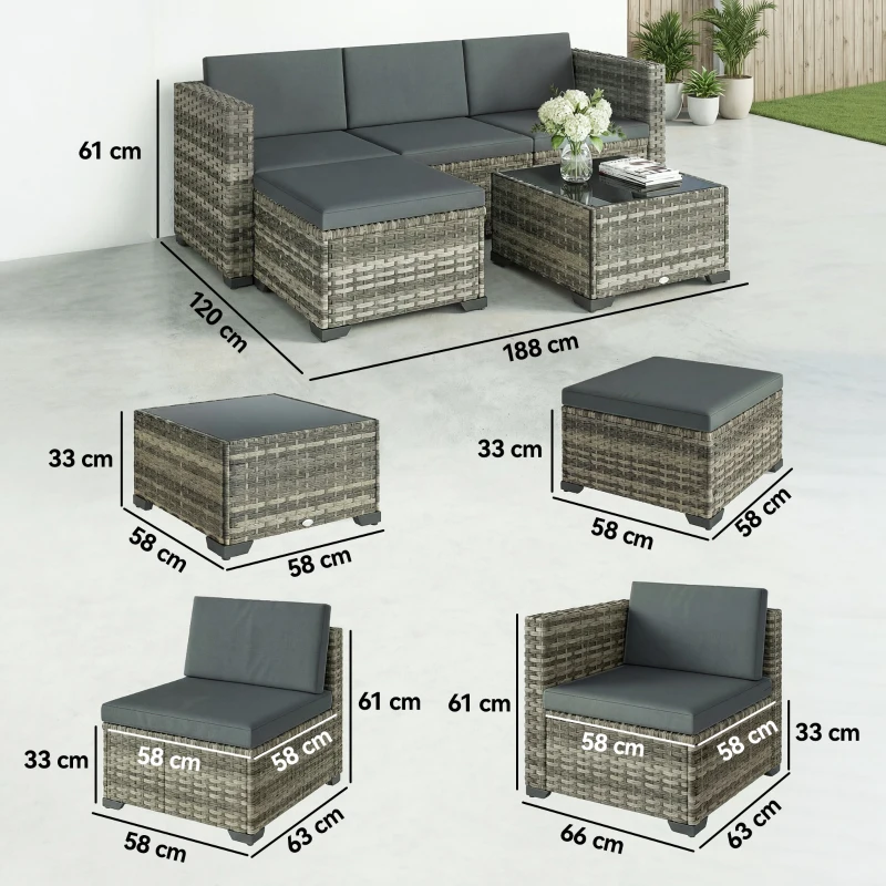 Outsunny Conjunto de Jardim em Vime de 5 Peças Inclui Almofadas 2 Poltronas de Canto Poltrona sem Braços Apoia-Pés e Mesa de Centro Cinza Escuro