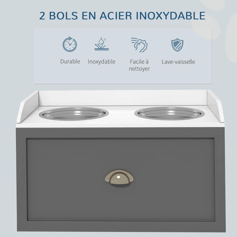 PawHut Gamelle double chien chat - porte-gamelles surélevé rangement 2 en 1 - tiroir, 2 gamelles - acier inox. MDF blanc gris