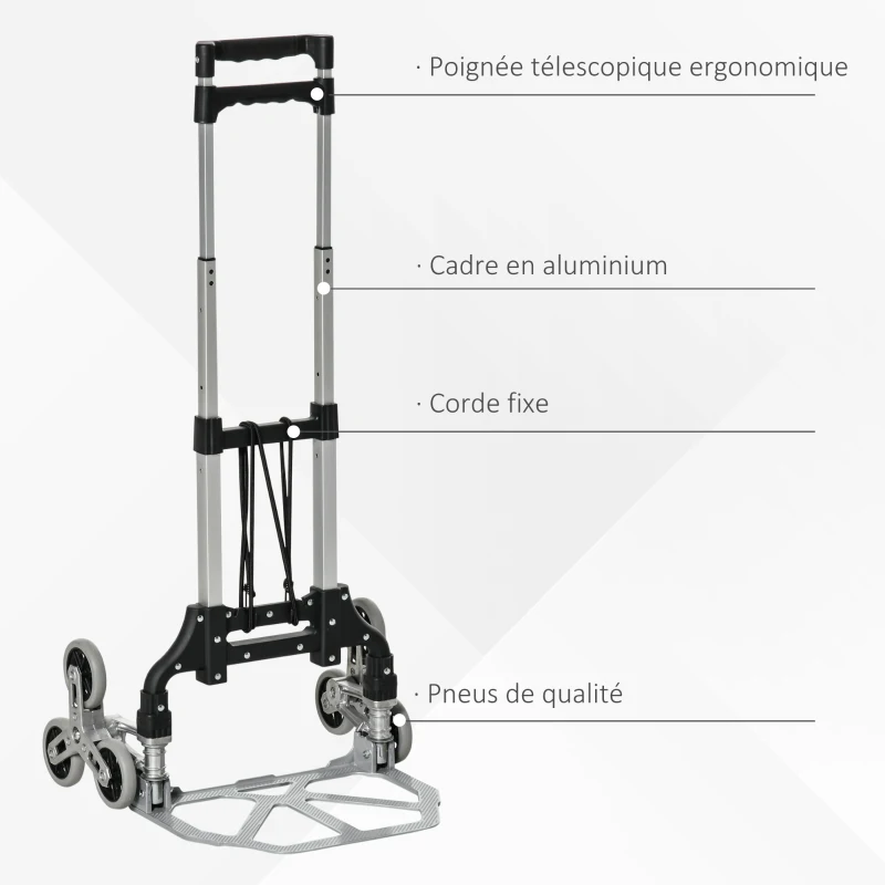 DURHAND Diable escalier pliant en aluminium avec 6 roues et sangle - charge de 70 kg avec - argent et noir