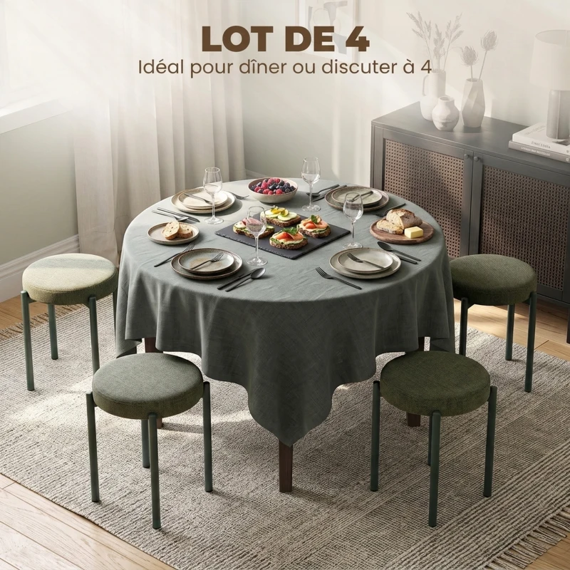 HOMCOM Lot de 4 Tabourets Empilables Ronds avec Assise Rembourrée, sans Dossier, Gain de Place, 45 x 45 x 47,5 cm, Vert Foncé