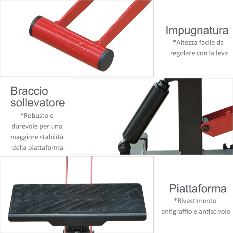 HOMCOM Cavalletto Alzamoto ad Altezza Regolabile con Manovella, in Acciaio e Gomma, 28x17.5x24.5-35.5 cm, Nero e Rosso