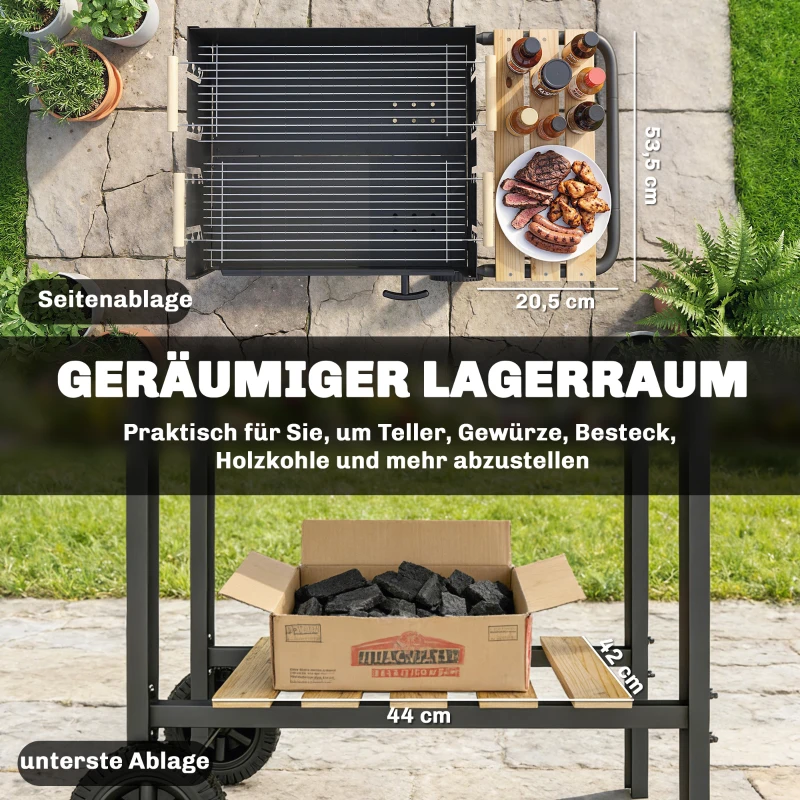 Outsunny Houtskoolbarbecue met 4 verstelbare grillhoogtes, 2 houten planken, 2 wielen, aslade, 99,5 x 58 x 82 cm
