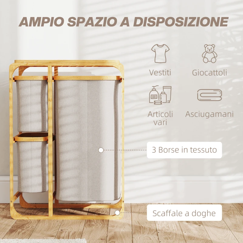 HOMCOM Cestino Portabiancheria in Bambù con 3 Sacchi e Ripiani in Tessuto, 50x32x69.7 cm, color Bambù e Crema