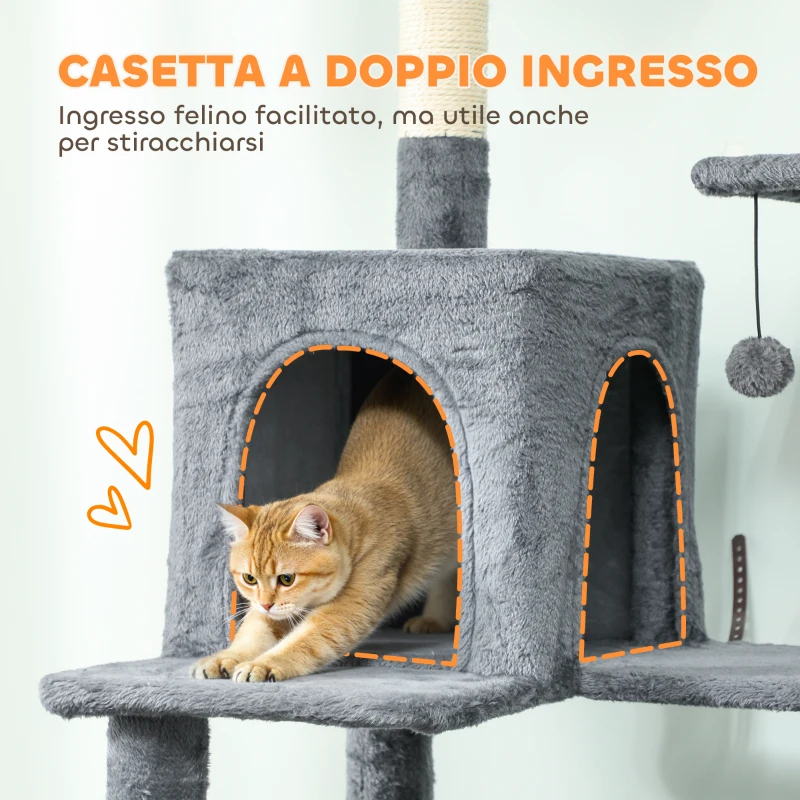 PawHut Albero Tiragraffi per Gatti Alto 202 cm con 6 Pali in Sisal, 2 Casette, 2 Amache e Lettino, Grigio