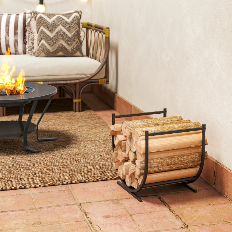 Outsunny Range-bûches porte buche de cheminée incurvé robust pour intérieur et extérieur, cadre en métal, 43 x 33 x 38 cm, noir