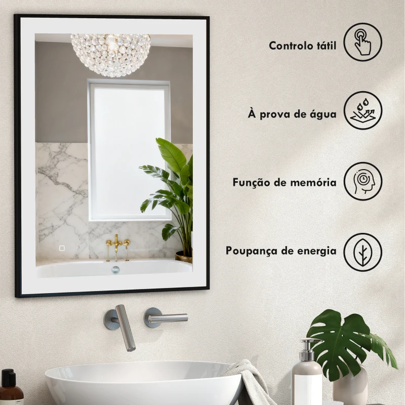 HOMCOM Espelho Casa de Banho com Luz LED 80x60 cm Iluminação Ajustável Função Anti-Embaciamento Função Memória Preto