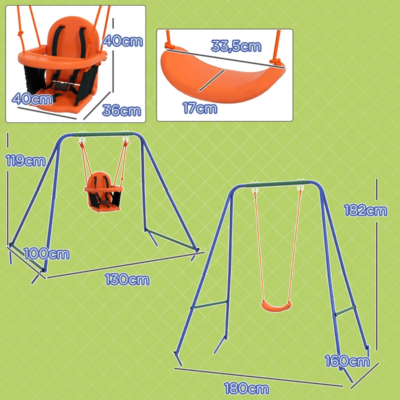 Outsunny Baloiço 2 em 1 com 1 Assento para Crianças 1 Assento para Bebés e Cinto de Segurança 180x160x182 cm Laranja