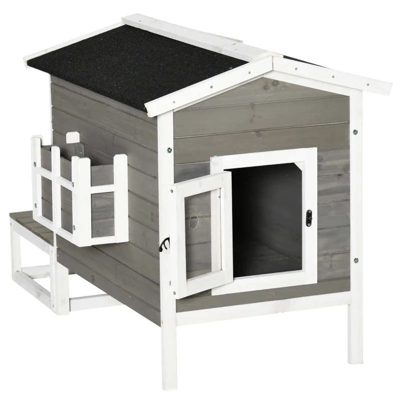 PawHut Maisonnette pour chats niche extérieure surélevé avec terrasse étanche en bois, dim. 115L x 66,5P x 74,7H cm, gris(m-12)