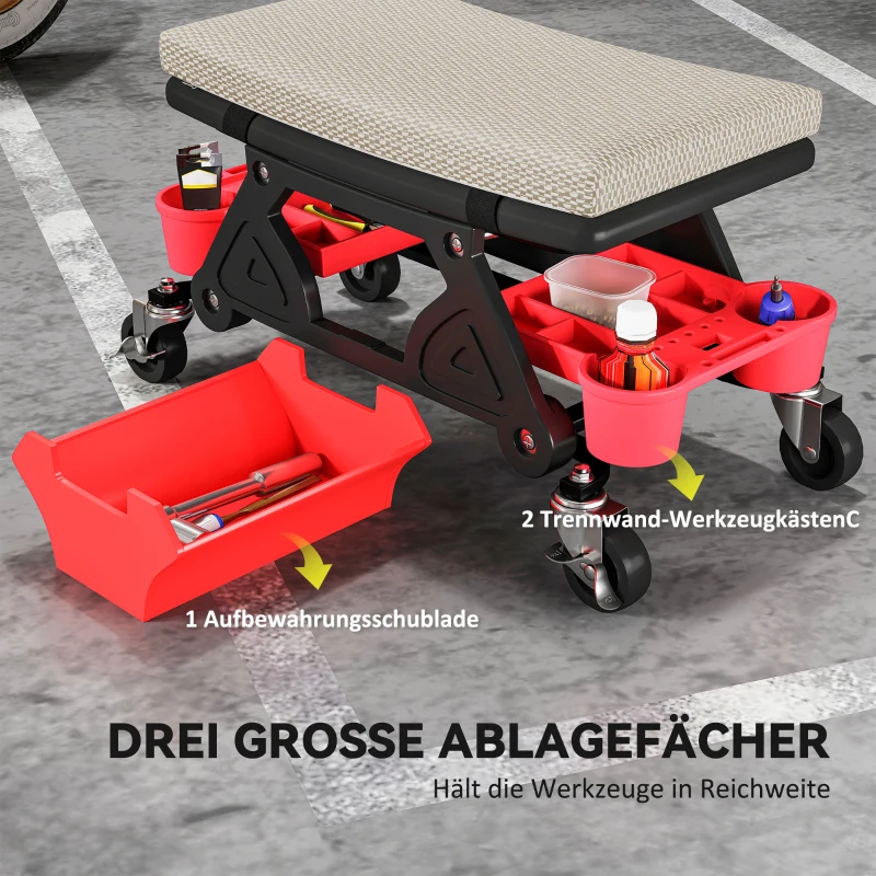 HOMCOM Werkplaatskruk met Wielen en Opbergruimte - 35 cm Hoog, tot 135 kg Belastbaar in Grijs