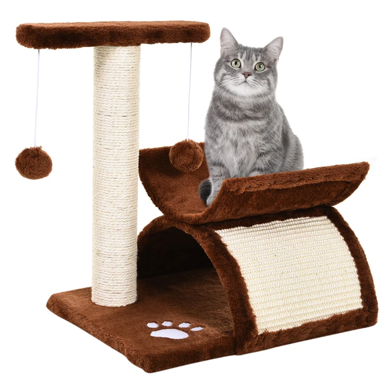 PawHut Kratzbaum 43 cm Kleiner Katzenbaum mit Tunnel, U-förmige Liegefläche, Katzenkratzbaum mit Kratzbrett, Spielball, Katzenmöbel für kleine Katzen, Braun