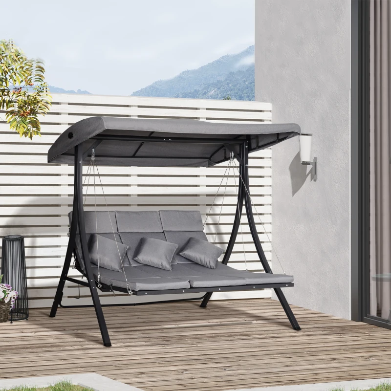 Outsunny Hollywoodschommel 3-zitter tuinschommel verstelbaar dak Textileen grijs