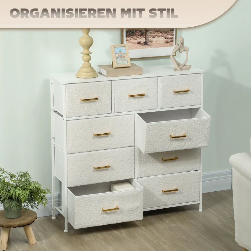 HOMCOM Stoffen Dressoir, 9 Laden, Stalen Frame, Elegant, Veelzijdig, Wit