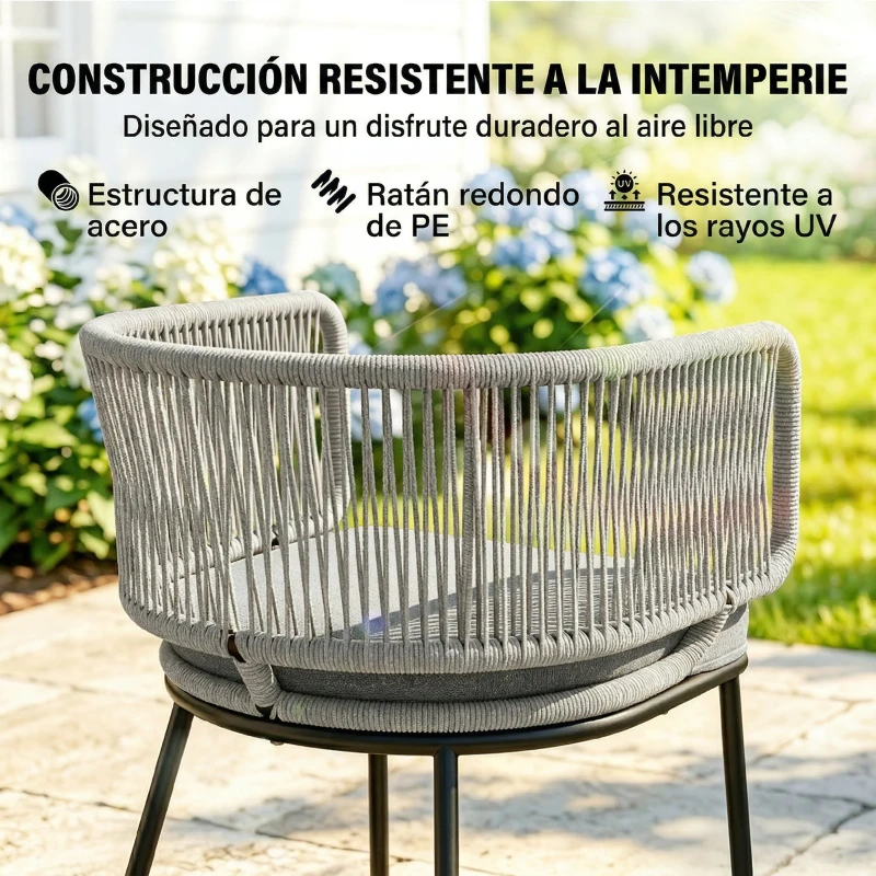 Outsunny Set de 2 Sillas de Jardín Exterior de Ratán con Cojines Reposabrazos y Marco de Acero para Terraza 46x58x72 cm Gris