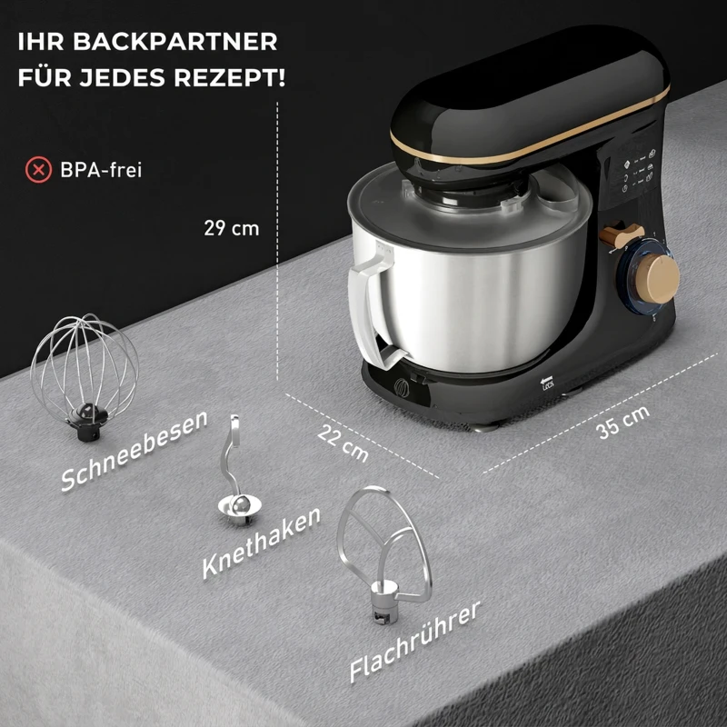 HOMCOM Keukenmachine 1300W met 4,5L RVS Kom en 6+P Snelheden Zwart/Roségoud