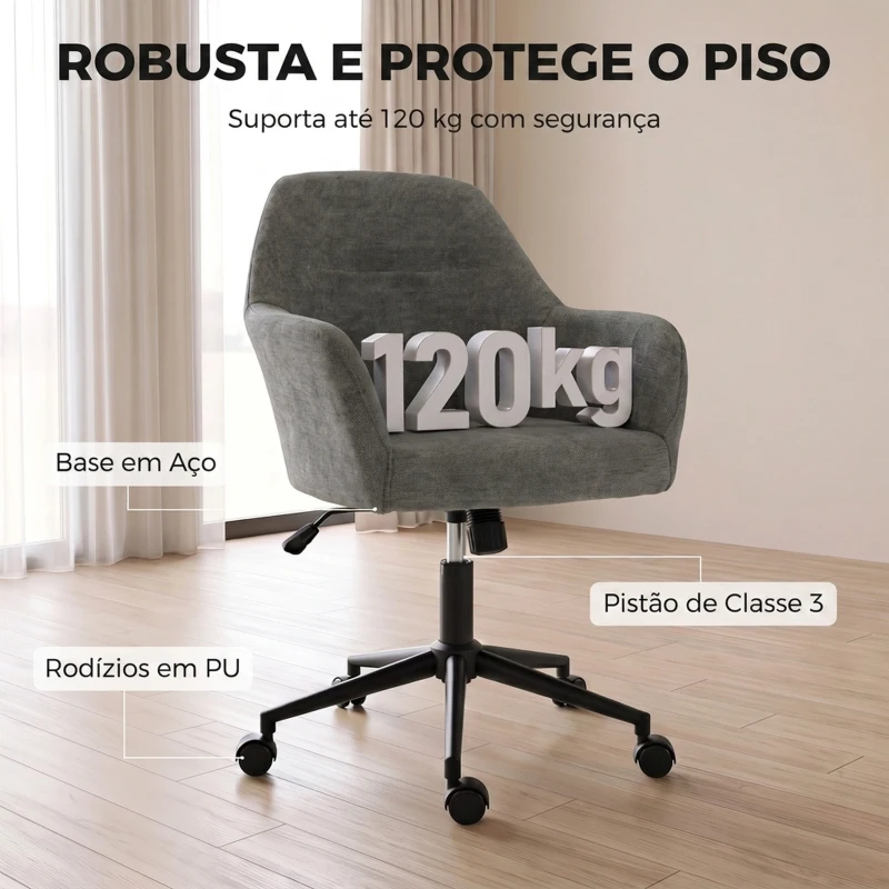 HOMCOM Cadeira de Escritório em Chenille com Rodas, Função Basculante, Altura Ajustável e Acolchoamento Espesso, Cinzenta