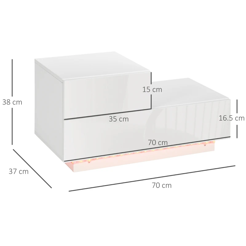 HOMCOM Comodino Moderno con 16 Luci LED RGB, Telecomando e Due Cassetti in Truciolato, 70x37x38cm, Bianco