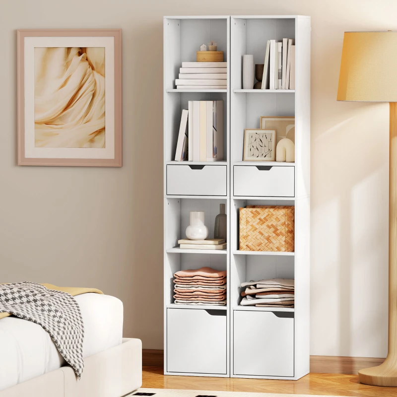 HOMCOM 6-Tier Bookcase, Tall Narrow Bookshelf with Drawer and Door - White