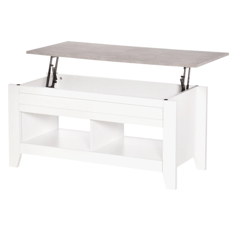HOMCOM Mesa de Centro com Bancada Elevável Mesa de Centro com 2 Compartimentos Abertos Bancada de Imitação a Mármore Mesa Retangular para Sala de Estar 105x50x49cm Branco