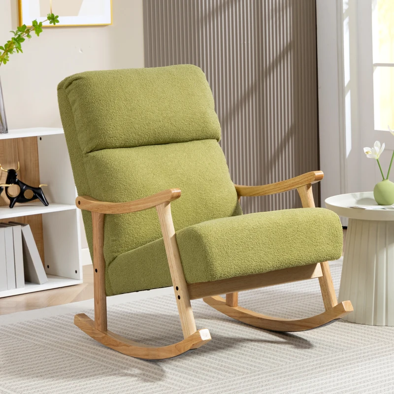HOMCOM Poltrona Baloiço Moderna em Borrego com Apoio para os Braços de Madeira de Faia Poltrona de Amamentação 65x90x98 cm Verde claro