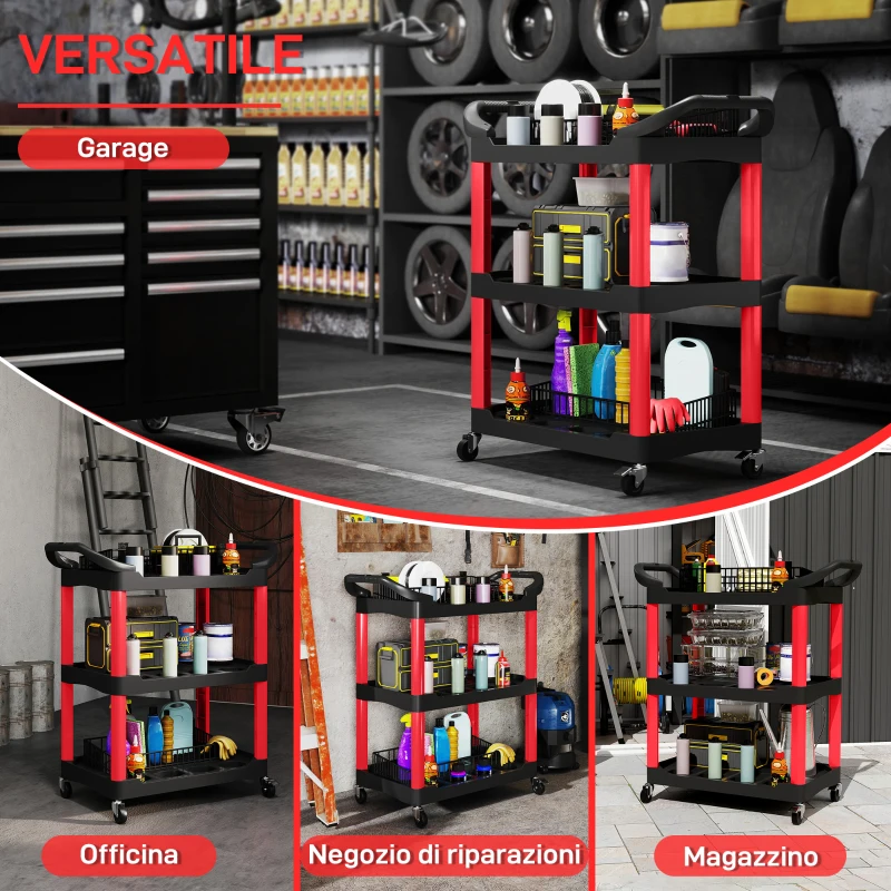 HOMCOM Carrello Porta Attrezzi a 3 Livelli in Plastica con Maniglie e Ruote, Capacità 91 kg, 83x43x97 cm, Rosso