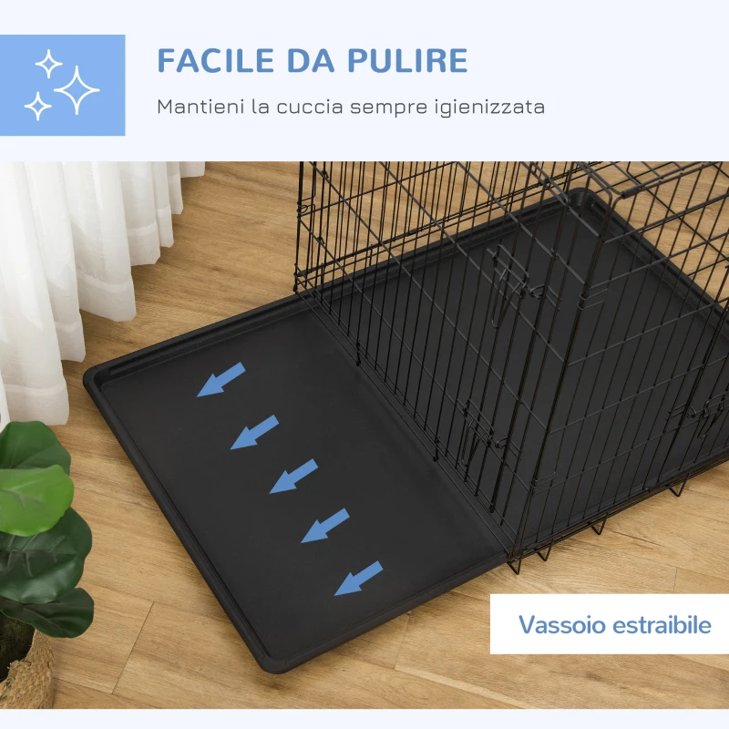 PawHut Gabbia per Animali Domestici in Acciaio Pieghevole con Maniglia Superiore e Doppia Apertura, 121x77x82 cm